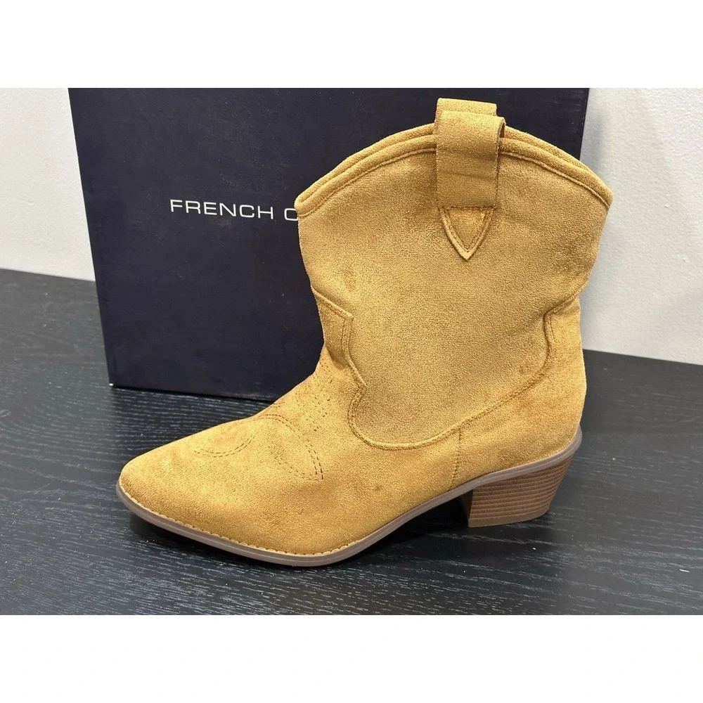 FRENCH CONNECTION COGNAC VEGAN LEATHER SUEDE WOMEN'S COWBOY STYLE BOOTS SZ 9 NIB